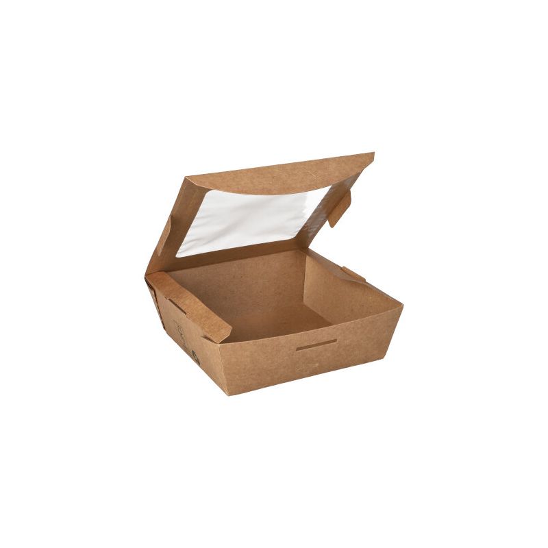 Feinkostboxen, Pappe mit Sichtfenster aus PLA eckig 650 ml14 x 14 cm x 4,5 cm braun "100% Fair" - Bild 1 Feinkostboxen, Pappe mit Sichtfenster aus PLA eckig 650 ml14 x 14 cm x 4,5 cm braun "100% Fair" - Bild 1