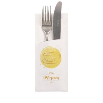 Bestecktaschen 20 cm x 8,5 cm weiss "Good Morning" inkl. weißer Serviette