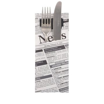 Bestecktaschen 20 cm x 8,5 cm schwarz/weiss "Newsprint" inkl. schwarzer Serviette