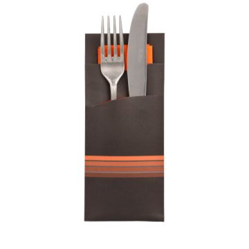 Bestecktaschen 20 cm x 8,5 cm schwarz/orange "Stripes" inkl. farbiger Serviette