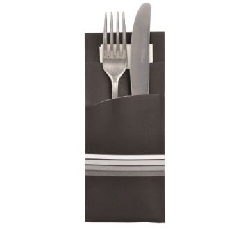 Bestecktaschen 20 cm x 8,5 cm schwarz/weiss "Stripes" inkl. farbiger Serviette