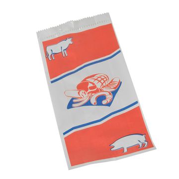 Fleischerbeutel, Kraftpapier, gefädelt 28 cm x 14 cm x 6 cm weiss mit Druck, klein