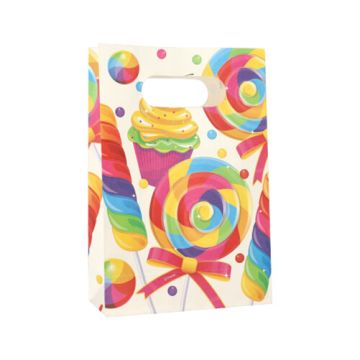 Partytüten, Papier 21 cm x 14 cm x 6 cm farbig "Candies" mit Griff