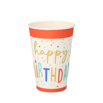 Trinkbecher, Pappe 0,2 l Ø 7 cm · 9,7 cm weiss "Happy Birthday"