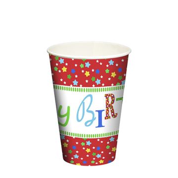 Trinkbecher, Pappe 0,2 l Ø 7 cm · 9,7 cm "Happy Birthday"