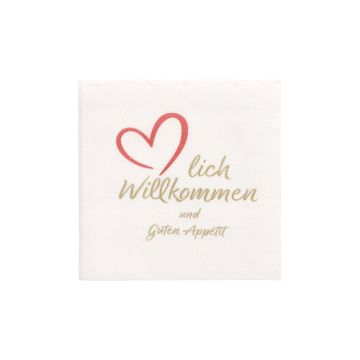 Servietten, 2-lagig "PUNTO" 1/4-Falz 20 cm x 20 cm weiss "Herzlich Willkommen & Guten Appetit"