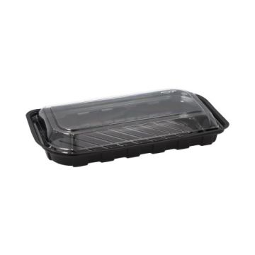 Sushi-Schalen R-PET rechteckig 21 cm x 11 cm x 4,3 cm schwarz mit transparentem Deckel