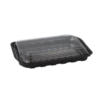 Sushi-Schalen R-PET rechteckig 21 cm x 13 cm x 4,3 cm schwarz mit transparentem Deckel