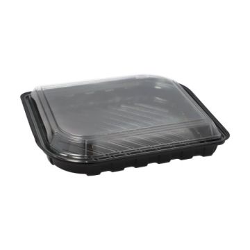 Sushi-Schalen R-PET rechteckig 21 cm x 18 cm x 4,3 cm schwarz mit transparentem Deckel