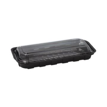 Sushi-Schalen R-PET rechteckig 21 cm x 8,8 cm x 4,3 cm schwarz mit transparentem Deckel