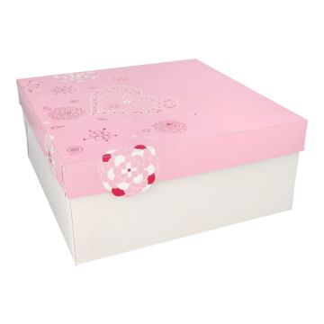 Tortenkartons, mit Deckel, Pappe eckig 30 cm x 30 cm x 13 cm weiss/rosa "Lovely Flowers"