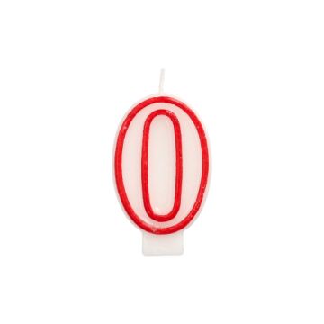 Zahlenkerze 7,3 cm weiss "0" mit rotem Rand