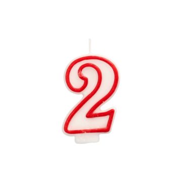 Zahlenkerze 7,3 cm weiss "2" mit rotem Rand